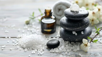 Fototapeta na wymiar Serene spa scene: smooth stones, gleaming oils, and sparkling salt beckon for relaxation on a crisp white table
