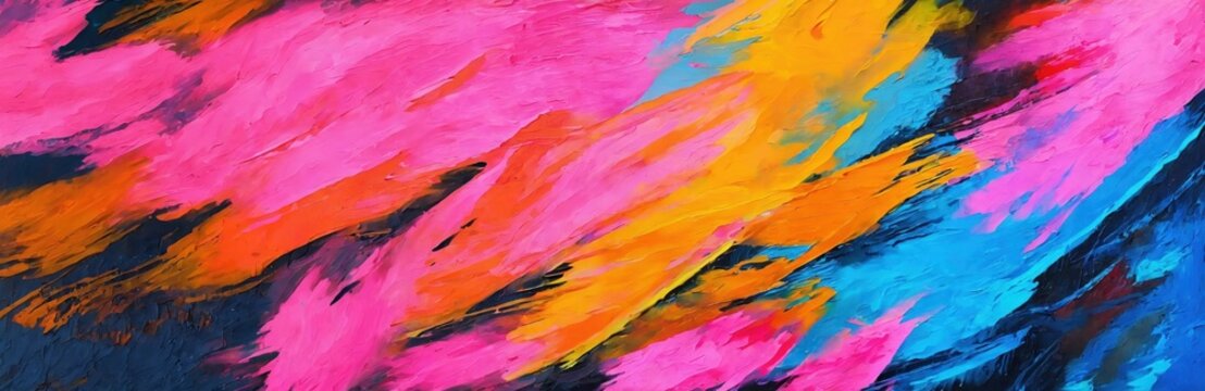 Abstract neon acrylic painting on canvas. Brush stroke and splash color. Contemporary painting. Modern poster for wall decoration