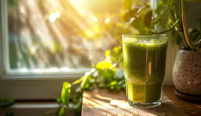 A green smoothie in a glass is placed at the window, where sunrays shine upon it, showcasing sustainable architecture, soft-focus, full body aesthetics. - obrazy, fototapety, plakaty