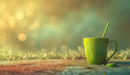 A green tea cup, with a green straw, is presented on a natural background, showcasing a bokeh panorama, dotted aesthetics, topographic photography, and futuristic aesthetics. - obrazy, fototapety, plakaty