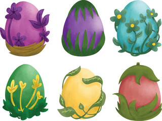 cute vector watercolor crayon illustration style clip art set collection of various pattern eggs with plant and flower for easter day