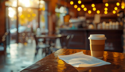 Coffee paper is placed on a table of a cafe in front of a backdrop, showcasing a bokeh effect, rim light, and algeapunk aesthetics. - obrazy, fototapety, plakaty
