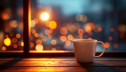 A coffee cup is placed on a table, showcasing a bokeh blurry background, recycled materials, and colors of dark white and light orange, embodying quantumpunk aesthetics. - obrazy, fototapety, plakaty