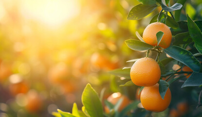Citrus trees, with oranges hanging in the sun, are presented against a sunset background, showcasing a bokeh panorama, contest winner aesthetics, and rural China.