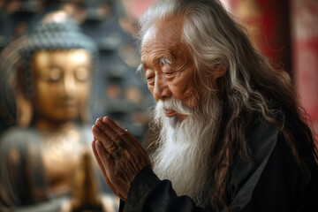 Chinese Man Praying in a Temple