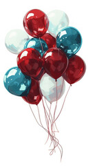 Floating balloons are presented on white, showcasing caricature-like illustrations, vintage Americana aesthetics, and colors of light teal and dark red.