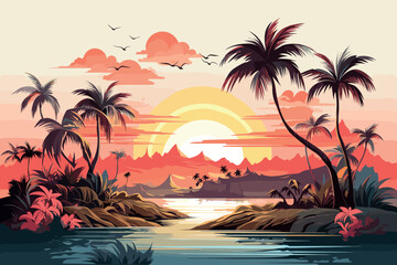 Fototapeta na wymiar A small island in the sea with coconut trees at sunset. Illustration of sunset.