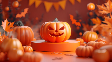 Halloween podium background pumpkin product platform scene display. Background orange autumn podium 3D render scary party spooky fall. generative ai