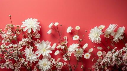A wild red and white flowers daisies chrysanthemum in a red shade backdrop with a big space for text or product top view, Generative AI.