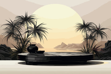 A small island in the sea with coconut trees at sunset. Illustration of sunset.