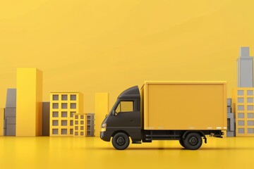 Delivery Truck Driving Through Urban City, on isolated yellow background, Generative AI