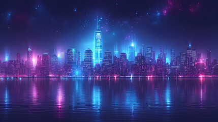 Line art - cityscape - skyline - neon lights - bright lights - water - coastal - bay - inlet - harbor - office buildings - skyscrapers - architecture 