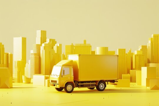 Delivery Truck Driving Through Urban City, on isolated yellow background, Generative AI