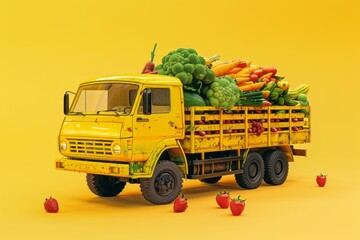 Truck Carrying Fresh Produce, on isolated yellow background, Generative Ai