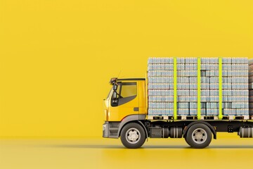 Truck Carrying Pallets of Products, on isolated yellow background, Generative AI