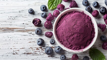 Acai berry powder in a white bowl top view and space for text or product over a wooden surface, Generative AI. - obrazy, fototapety, plakaty