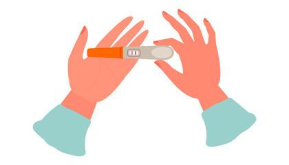 Fototapeta premium Woman holding pregnancy test in her hands. Positive pregnancy test result. Pregnancy test used to detect the presence of human chorionic gonadotropin (hCG). Cartoon vector illustration.