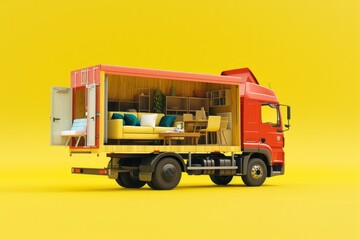 Truck Transporting Furniture, on isolated yellow background, Generative AI