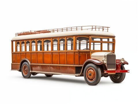 A brown vintage bus. Old bus isolated on white. Used for making posters, wallpaper, postcards, stickers, brochures.