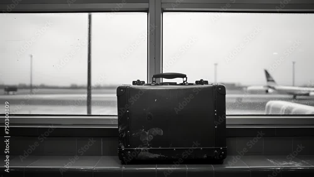 Poster the handle of a trusty suitcase peeks out from behind the airport window hinting at the adventures i
