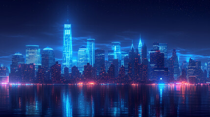Obraz premium Line art - cityscape - skyline - neon lights - bright lights - water - coastal - bay - inlet - harbor - office buildings - skyscrapers - architecture 