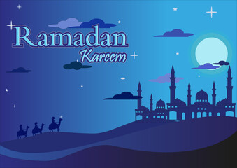 Landscape illustration of Ramadan kareem with silhouette of mosque and traveler carrying camel in desert