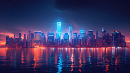 Obraz premium Line art - cityscape - skyline - neon lights - bright lights - water - coastal - bay - inlet - harbor - office buildings - skyscrapers - architecture 