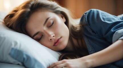 Sleeping beautiful attractive model russian young woman on bed from Generative AI