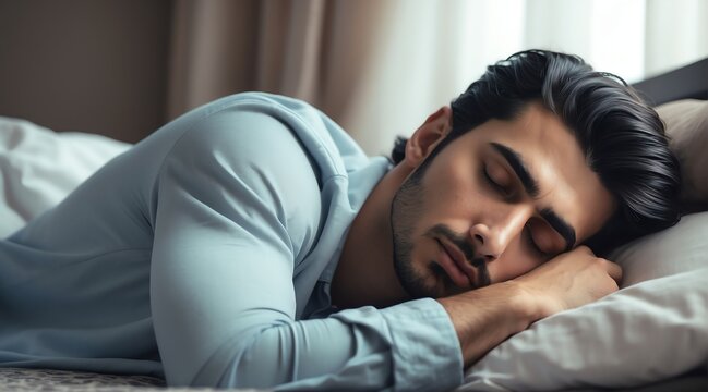 Sleeping handsome attractive model arab guy on bed from Generative AI