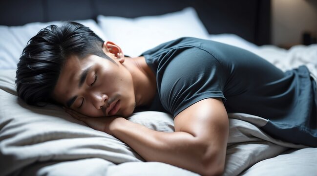 Sleeping handsome attractive model asian guy on bed from Generative AI