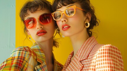 Obraz premium Two women wearing glasses and red lipstick pose for a photo