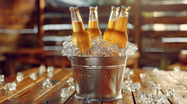 Frosty condensation clings to beer bottles nestled in a bucket overflowing with ice. Resting on a weathered wooden table, the scene promises a refreshing escape from the summer heat