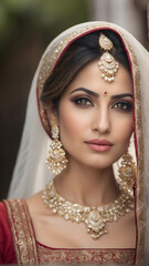 Enchanting Portrait of an Indian Bride in Red Lehenga and Opulent Jewelry, Generative AI.