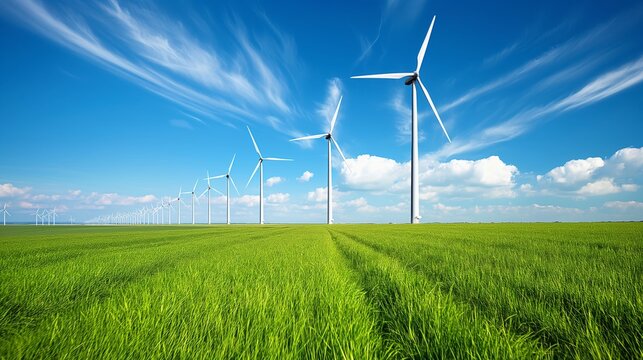 Energy from wind turbines. wind turbine in the field. renewable, green energy, conservation, and sustainable energy for future concepts.