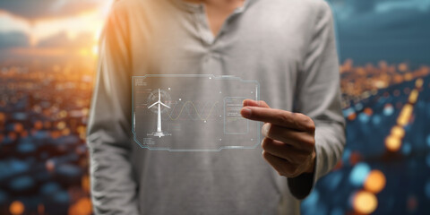 hologram screen Humans controlling the system Wind turbines produce electricity. Eco queue, clean energy from nature.