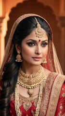 Enchanting Portrait of an Indian Bride in Red Lehenga and Opulent Jewelry, Generative AI.