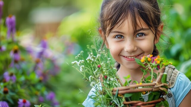 Close shot of a happy little girl flower garden collecting wild flowers in a basket with a space for text, Generative AI.