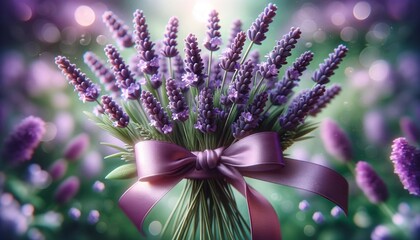 Lavender Bouquet Tied with Lilac Ribbon Close-Up