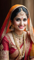 Enchanting Portrait of an Indian Bride in Red Lehenga and Opulent Jewelry, Generative AI.