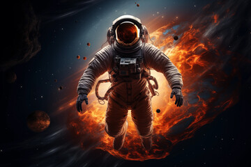 Astronaut space suit performing extra cosmic activity space against stars and planets background.