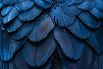 This close-up shot showcases the intricate details and vibrant shades of blue in a birds feathers, revealing the beauty and complexity of natures design.
