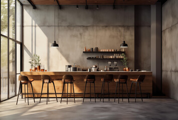 modern coffee shop with raw concrete wall. cement floor. bar counter with stools.