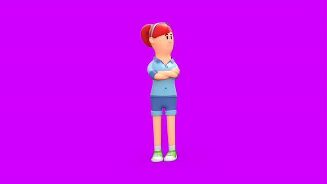 3D Rendered Animated Scene Of Girl Arms Crossed Thinking Repenting And Tilting Head With Big Sighs
