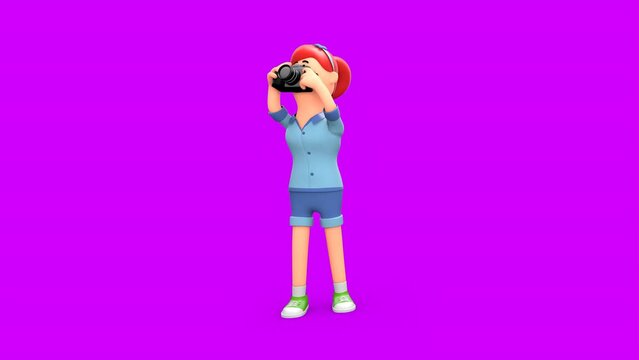 3D Animated Woman Holding a Digital Camera and Taking Photos in Different Angles