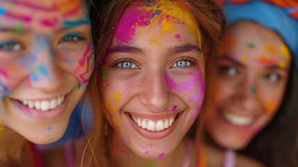 Joyful girlfriends with colorful faces celebrating Holi festival of colors.