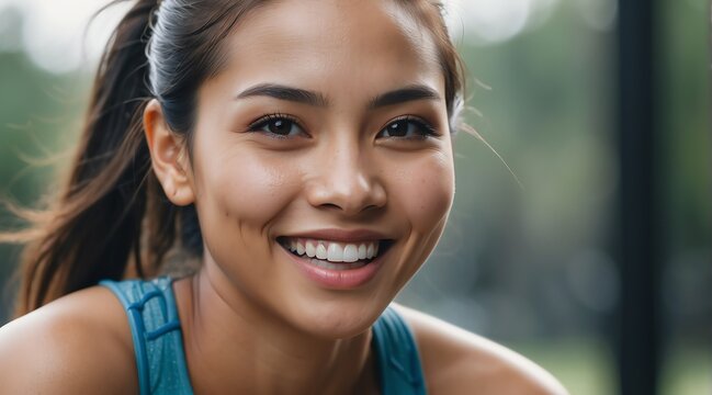 Portrait of a attractive sweaty smiling happy athlete filipina woman looking at the camera from Generative AI