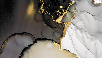 Alcohol Ink. Black Marble Design. Oil Wave Background. Alcohol Ink Illustration. Gold Abstract...