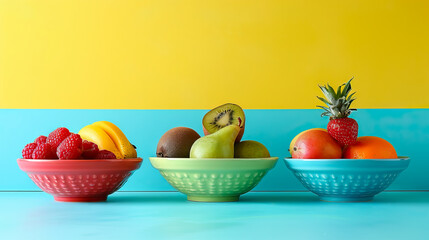 fruit bowls featuring fruits arranged against colorful backgrounds - AI Generated