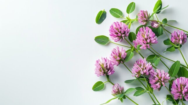 Clover or trefoil flower bokeh top view and white space a medical herb with a big space for text or product, Generative AI.