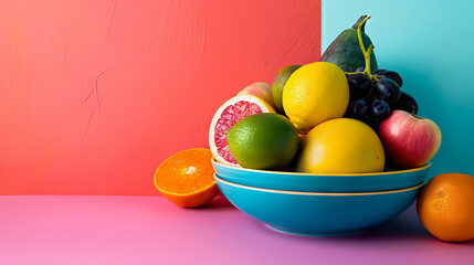 a mix of different fruits arranged attractively in bowls against colorful backgrounds - AI Generated